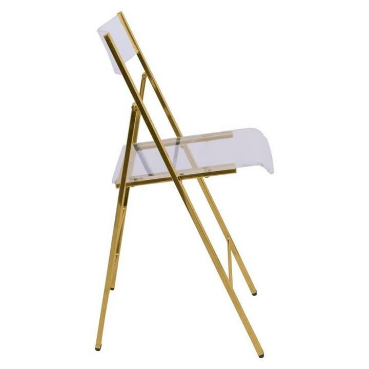 LeisureMod Menno Modern Acrylic Gold Base Folding Chair Side View.