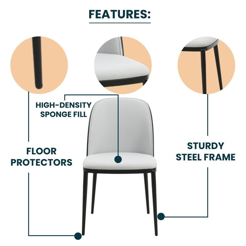 Chair with features highlighted: high-density sponge fill, floor protectors, and sturdy steel frame.