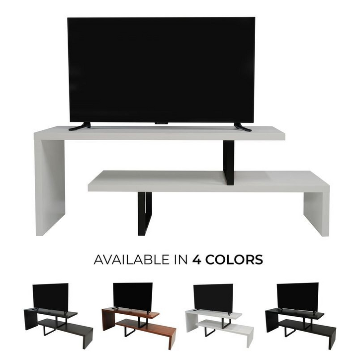 LeisureMod Orford Mid-Century Modern TV Stand with MDF Shelves and Powder Coated Iron Legs in White Colors.