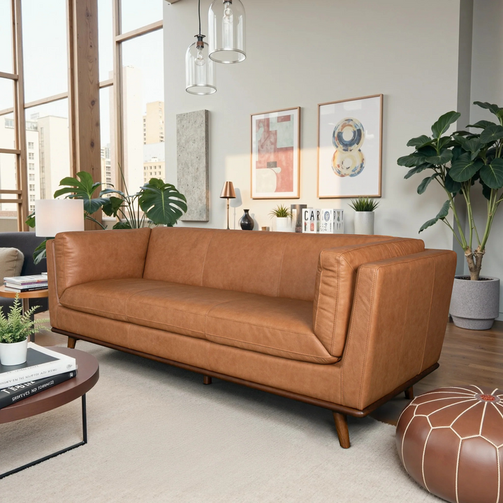 Phoenix Cognac Leather Sofa Angle View.
