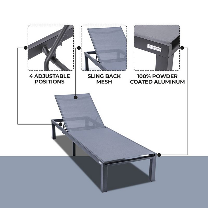 LeisureMod Marlin Patio Chaise Lounge Chair with Black Aluminum Frame Dark Grey Details.