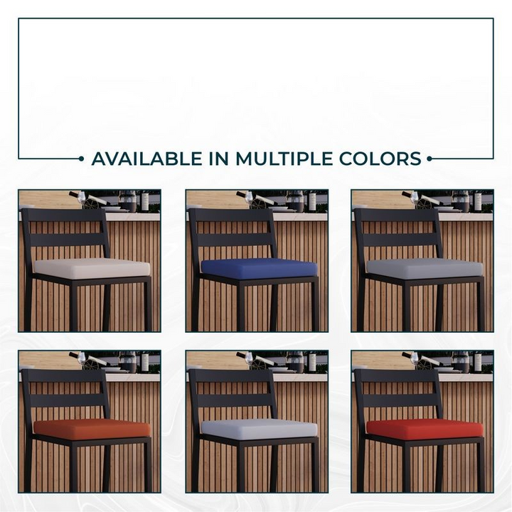 Chair with different colored cushions displayed against a wooden background.