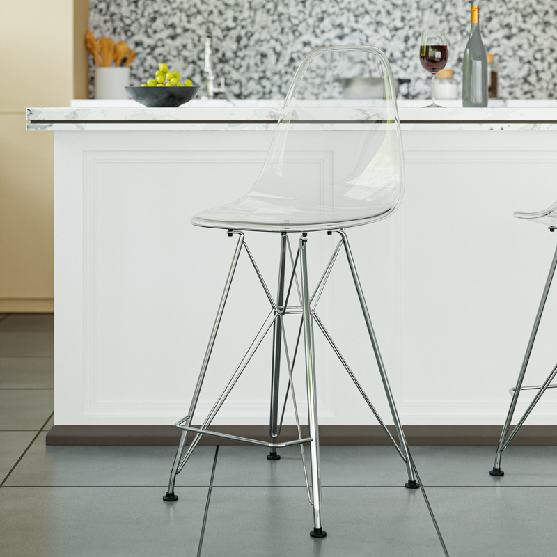 LeisureMod Cresco Modern Acrylic Barstool with Chrome Base and Footrest in Clear Close View.