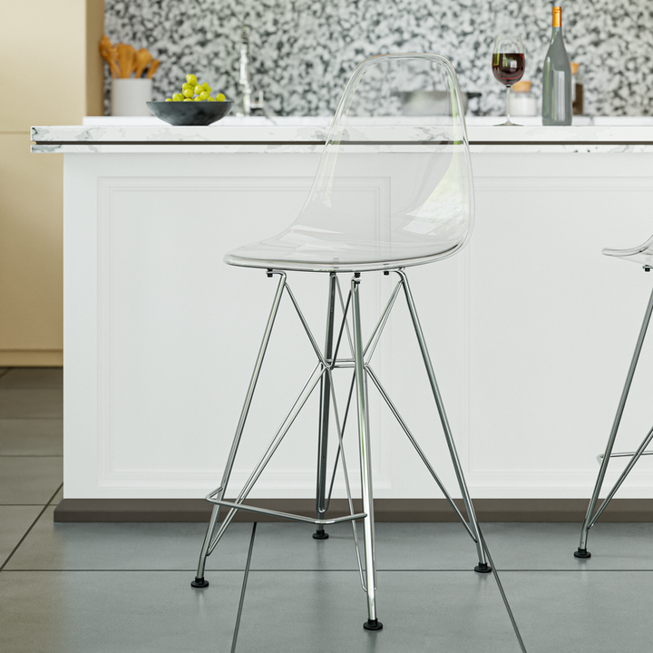 LeisureMod Cresco Modern Acrylic Barstool with Chrome Base and Footrest in Clear Close View.