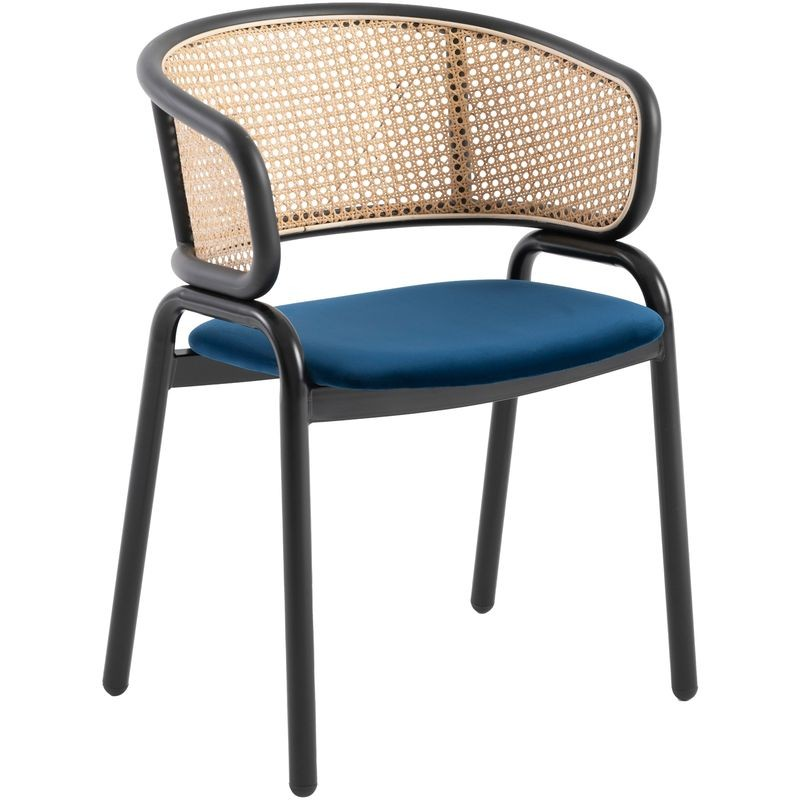 Leisuremod Ervilla Modern Dining Chair with Stainless Steel Legs Velvet Seat and Wicker Back Navy Blue