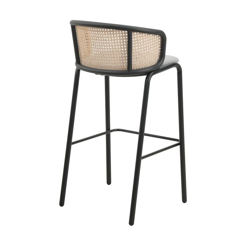 LeisureMod Ervilla Mid-Century Modern Wicker Bar Stool with Fabric Seat and Black Powder Coated Steel Frame for Kitchen and Dining Room in Grey Back View.