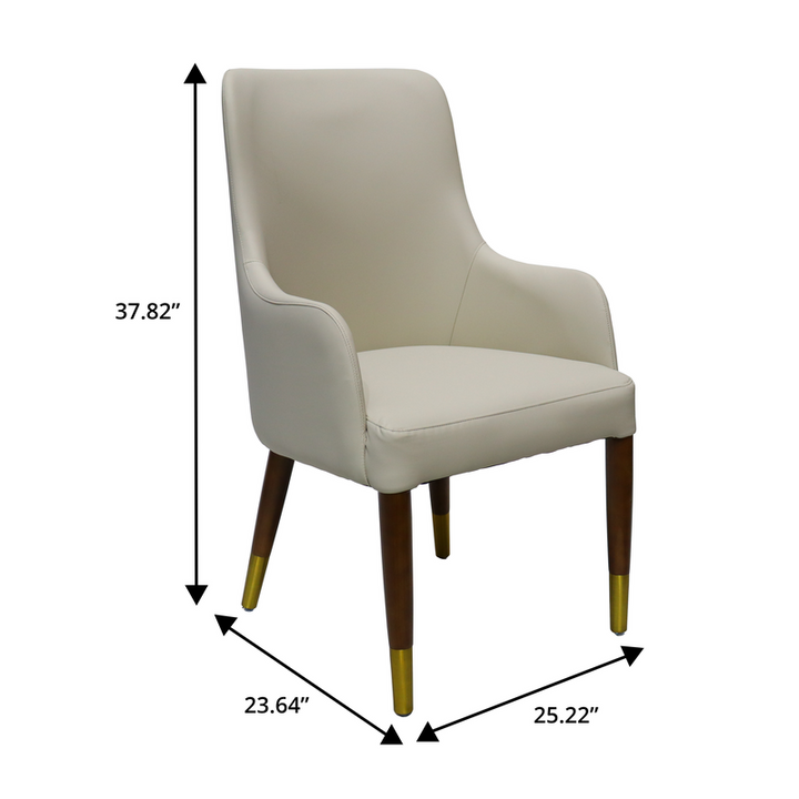 Beige chair with dimensions marked on a white background.