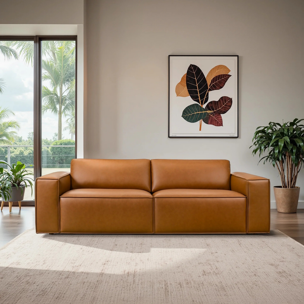 Uvalde Mid-Century Modern Vegan Leather Luxurious Sofa Front View.