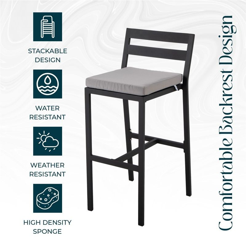 Bar stool with gray cushion on a white background with feature icons and text.