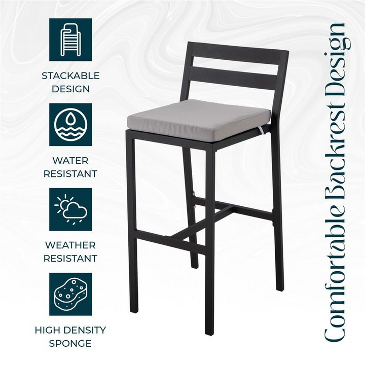 Bar stool with gray cushion on a white background with feature icons and text.