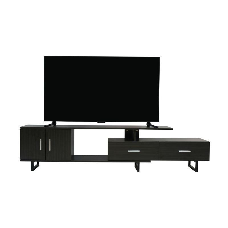 LeisureMod Avery Mid-Century Modern TV Stand with MDF Cabinet and Powder Coated Steel Legs Phantom Grey Front View.
