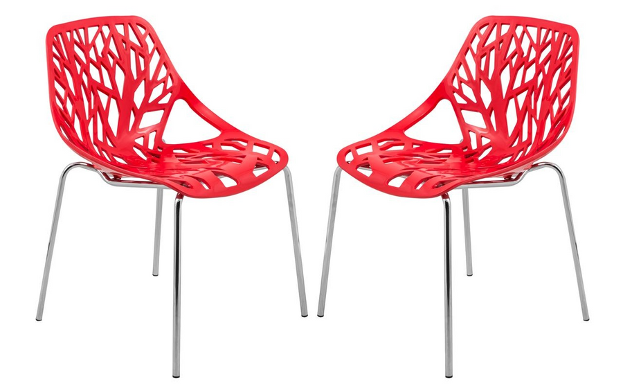 LeisureMod Modern Asbury Dining Chair w/ Chromed Legs, Set of 2 Red