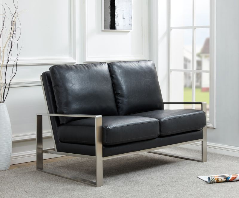 Leisuremod Jefferson Contemporary Modern Faux Leather Loveseat with Silver Frame Black with Background.