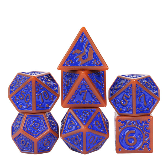 Burnt Orange with Blue Irregular Pattern Fill: 7-Piece Acrylic Dice Set