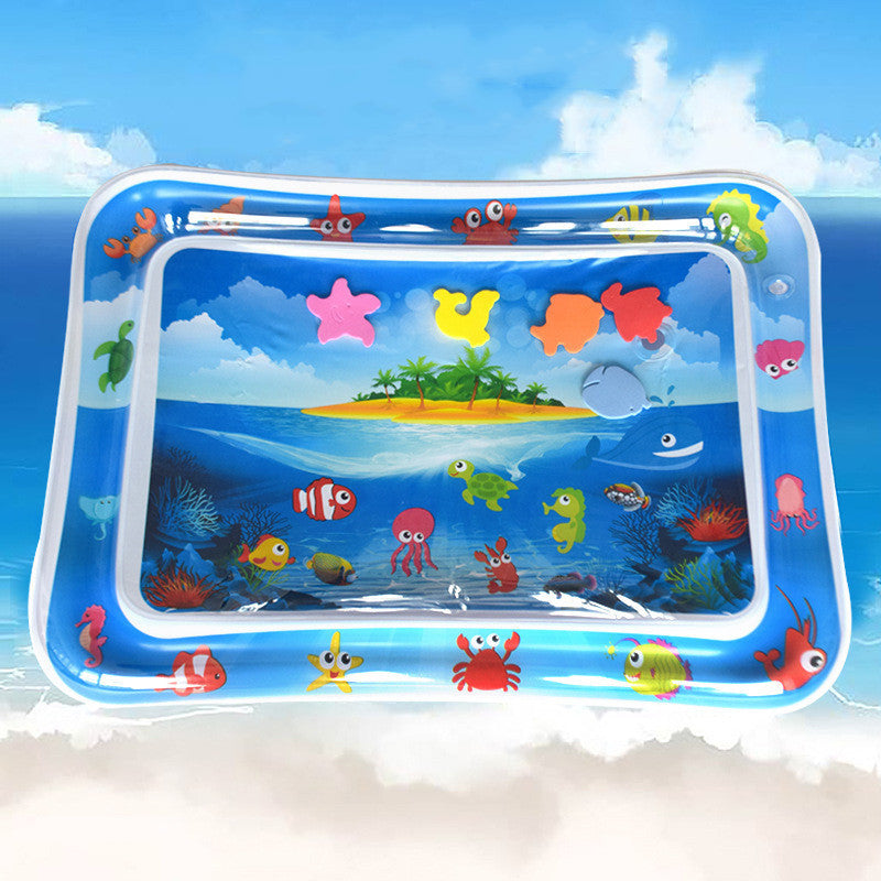Inflatable water mat with ocean-themed design featuring various sea creatures on a blue background.