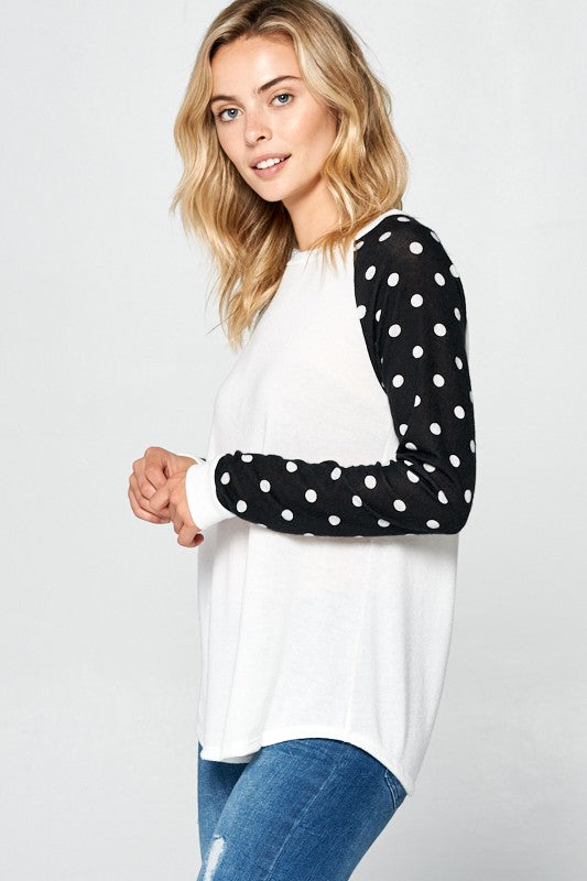 Polka Dot Solid Mixed Long Sleeve Round Neck Top