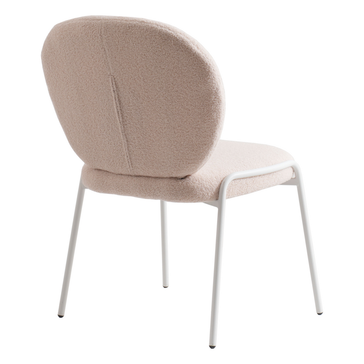 LeisureMod Mid-Century Modern Boucle Dining Chair with White Frame, Beige Back Angle.
