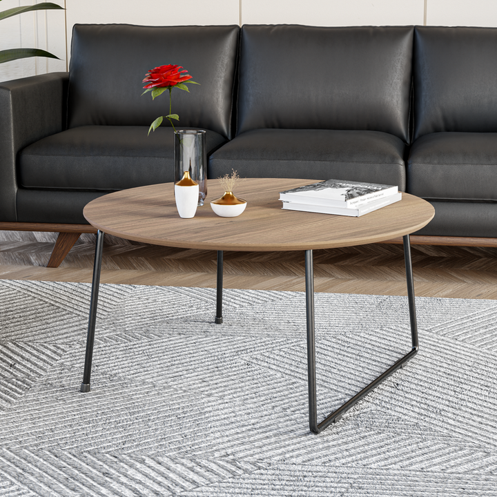 LeisureMod Pemborke Mid Century Modern Round Coffee Table with Wood Top and Powder Coated Iron Frame Accent Table Natural Wood