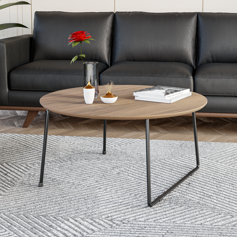 LeisureMod Pemborke Mid Century Modern Round Coffee Table with Wood Top and Powder Coated Iron Frame Accent Table Natural Wood