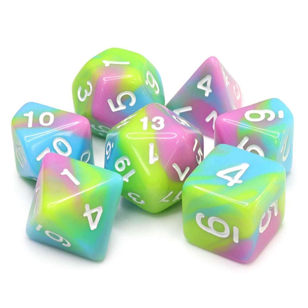 Childhood Pink/Blue/Green/Yellow Blend with White Numbering 7-Dice Set RPG
