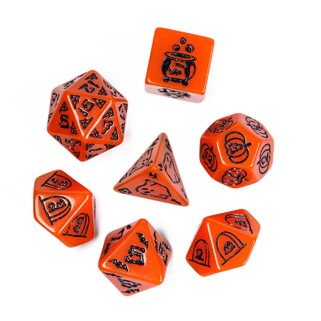 Halloween Orange w/Black | Pumpkin/Ghost/Bat/Cauldron 7-Dice Set DND