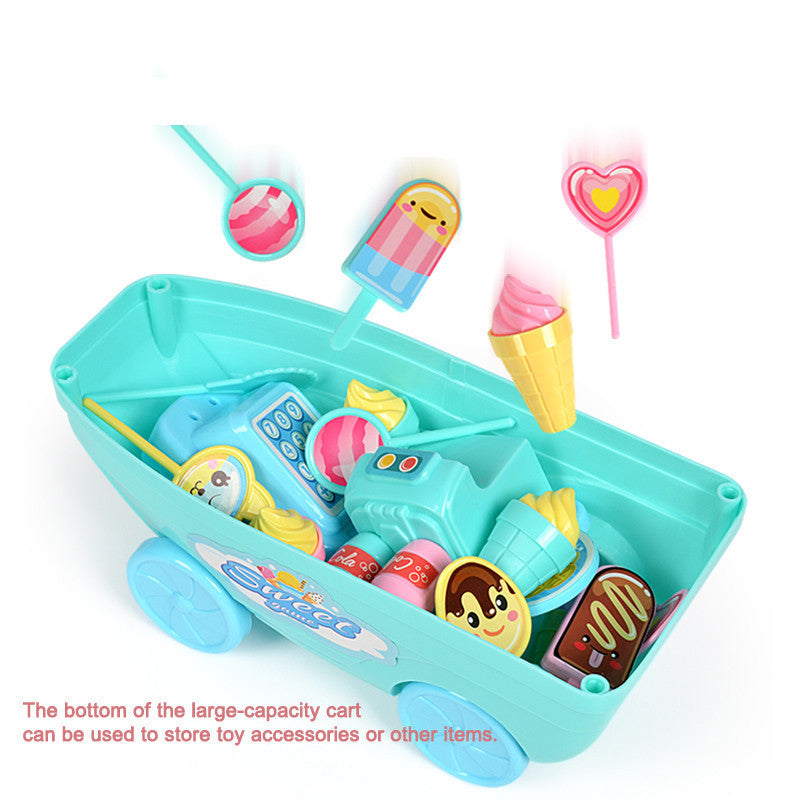 Toy set with ice cream and car in a green tray on a white background.