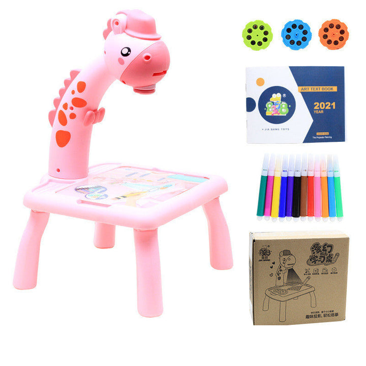 Pink children's chair with a toy giraffe on top, surrounded by coloring books and markers.