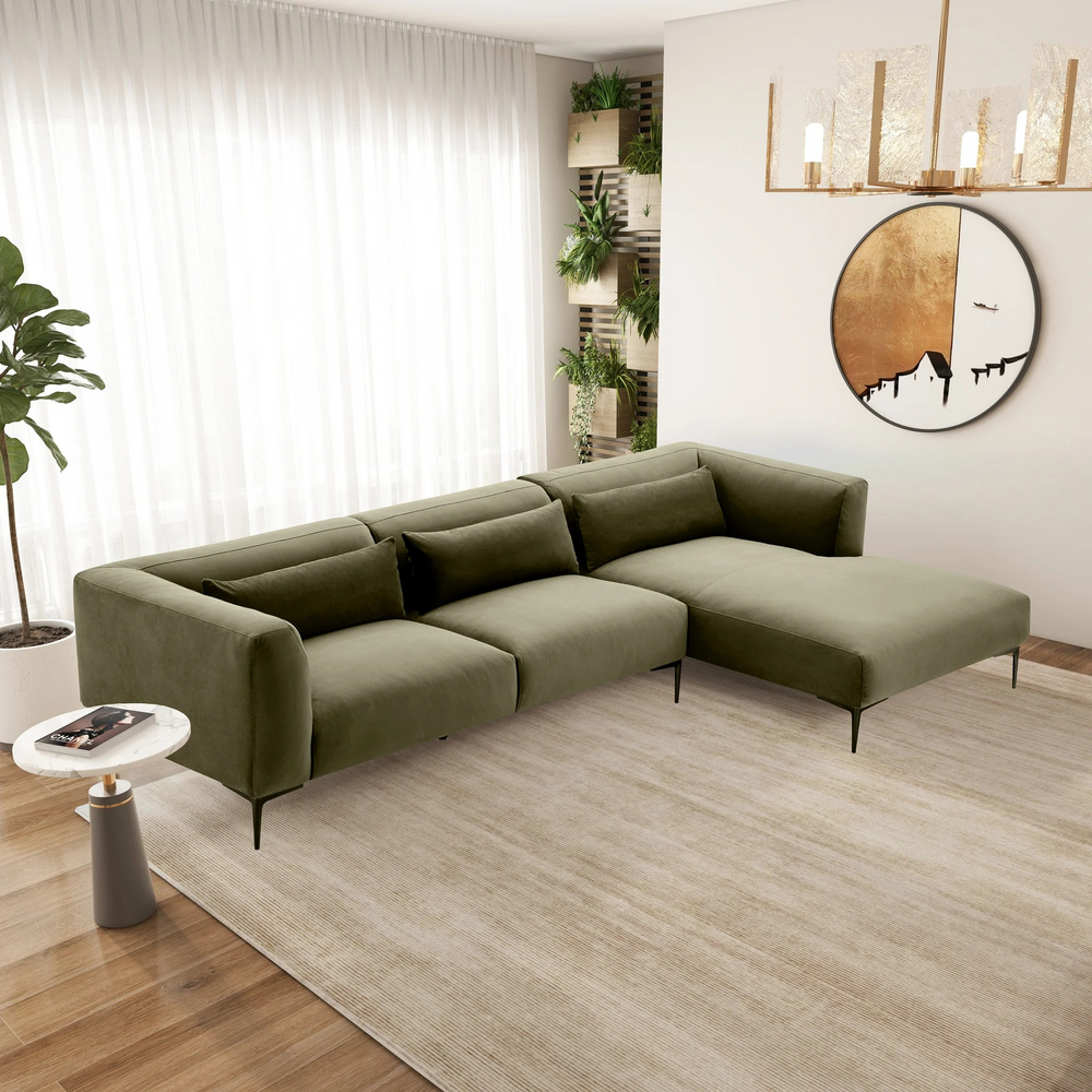 Laley Right-Facing L-Shaped Velvet Sectional in Green Right Angled