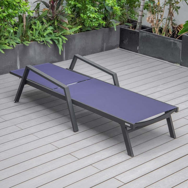 LeisureMod Marlin Patio Chaise Lounge Chair with Armrests in Black Aluminum Frame Navy Blue Flat View.
