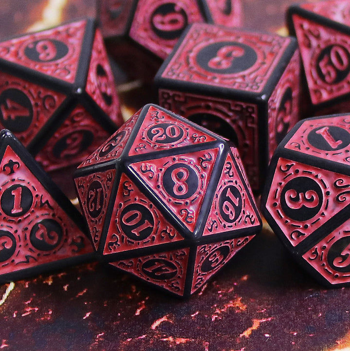 Red Magic Flame 7-Dice Set DND RPG Dice Black w/Color Fill