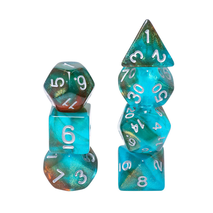 Neverland 7-Dice Set Teal/Orange w/Silver Numbers Dnd Dice Set (Blacklight reactive)