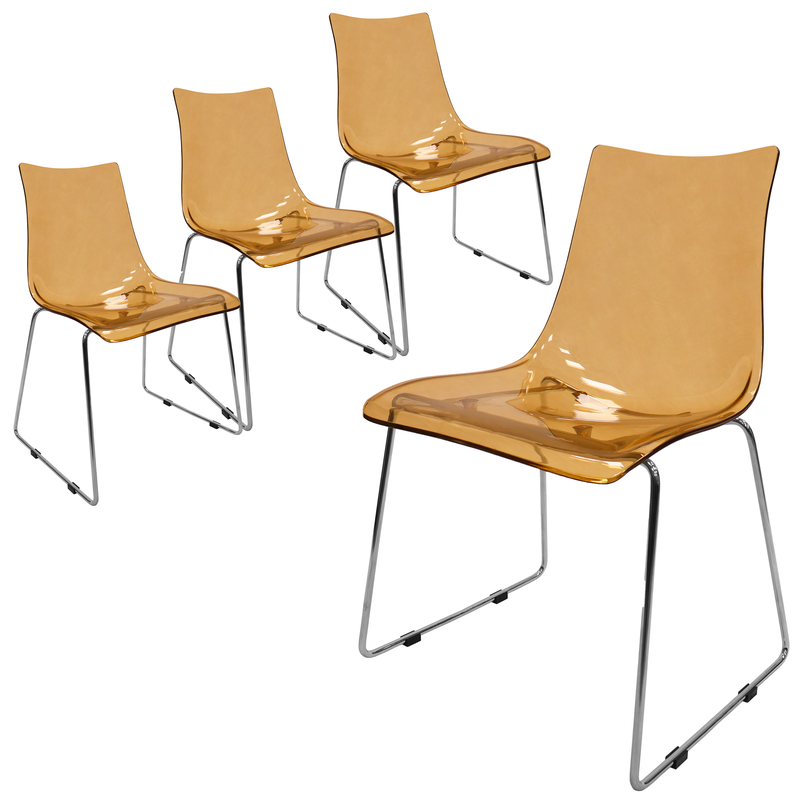 Four amber-colored chairs with metal frames on a white background.