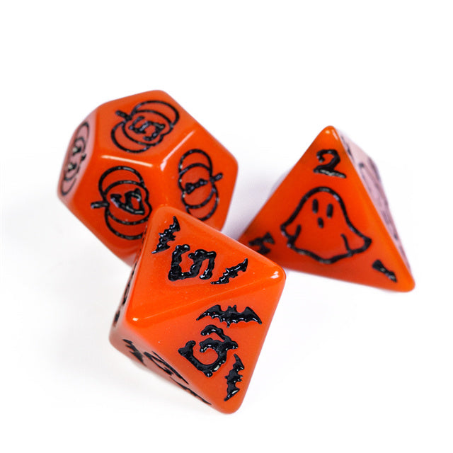 Halloween Orange w/Black | Pumpkin/Ghost/Bat/Cauldron 7-Dice Set DND