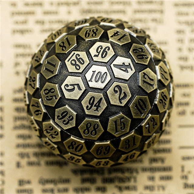 Metal Single 100 Sided Polyhedral Dice (D100) | Brass Color Solid (45mm)