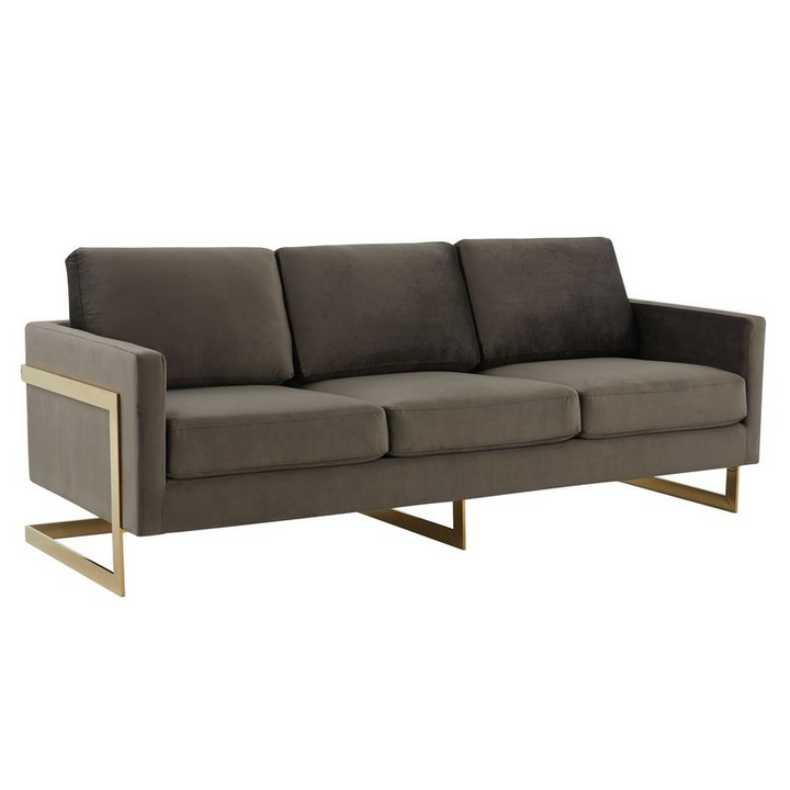 LeisureMod Lincoln Modern Mid-Century Upholstered Velvet Sofa with Gold Frame Dark Grey