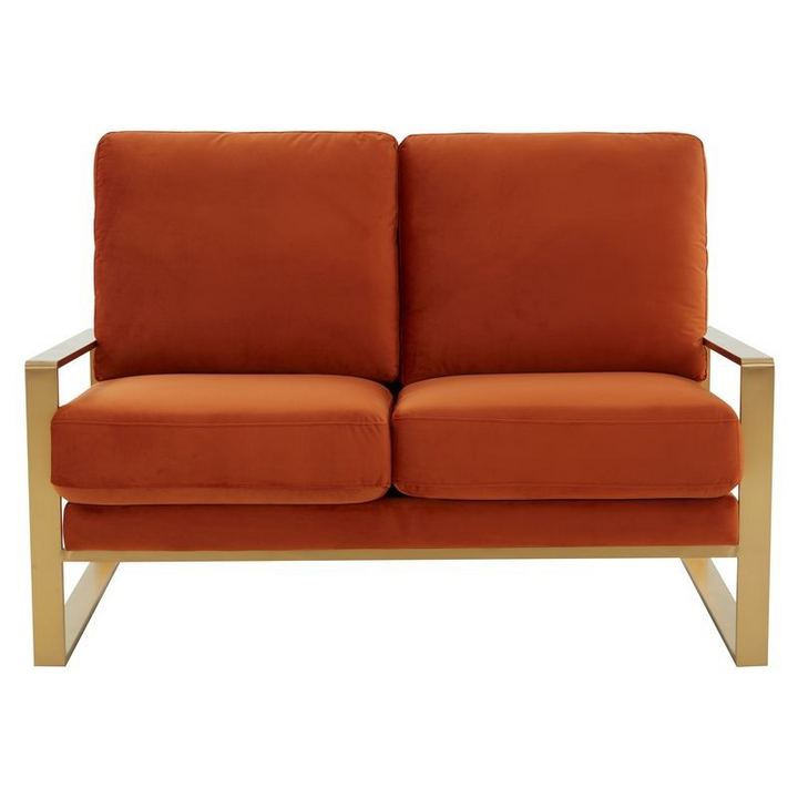 Leisuremod Jefferson Contemporary Modern Velvet Loveseat with Gold Frame Orange Front View.