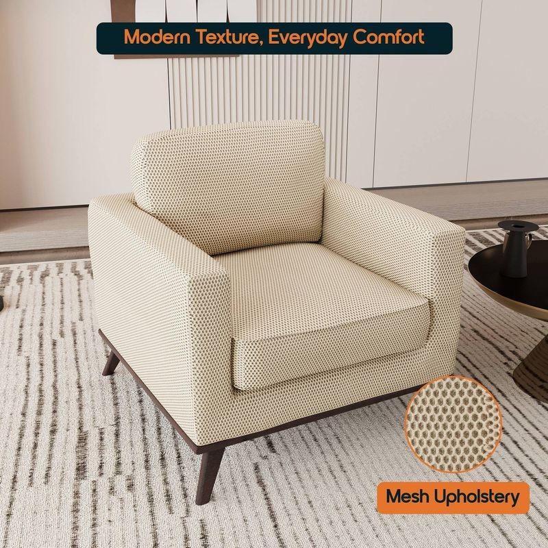 LeisureMod Chester Modern Faux Leather Accent Armchair in Beige Mesh Upholstery.