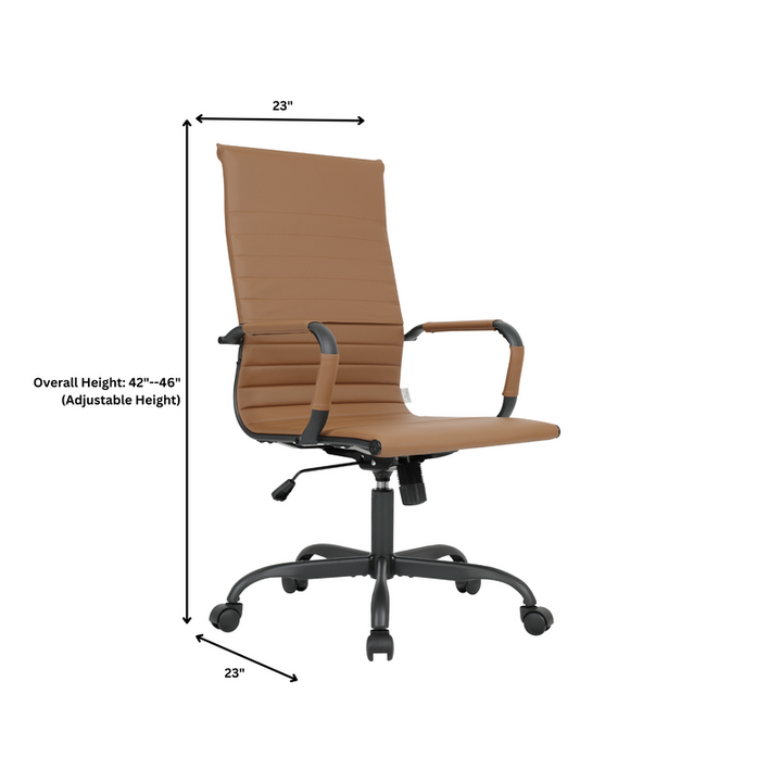 Brown office chair with dimensions on a white background.