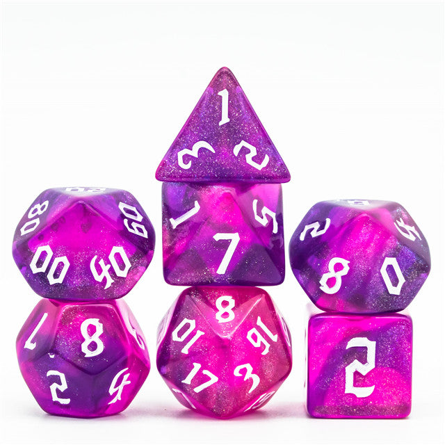 Purple + Red Glitter Party Dice (White font) 7-Dice Set RPG DND