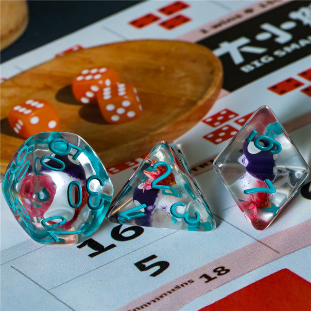 Purple Mushroom Dice Clear Pink Flower w/Teal Numbers 7-Dice Set Rpg