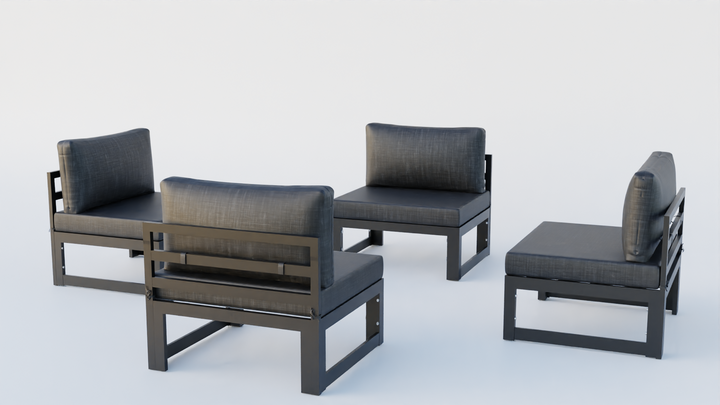 LeisureMod Chelsea 4-Piece Middle Patio Chairs Black Aluminum with Cushions Black Together.