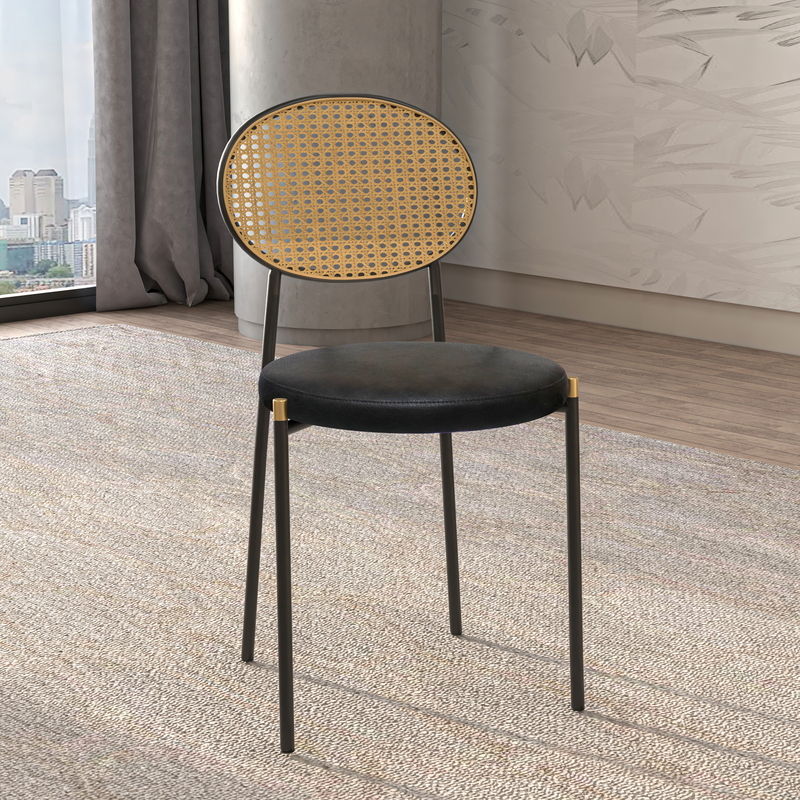 LeisureMod Euston Modern Wicker Dining Chair with Black Frame and Leather Seat in Charcoal with Background.