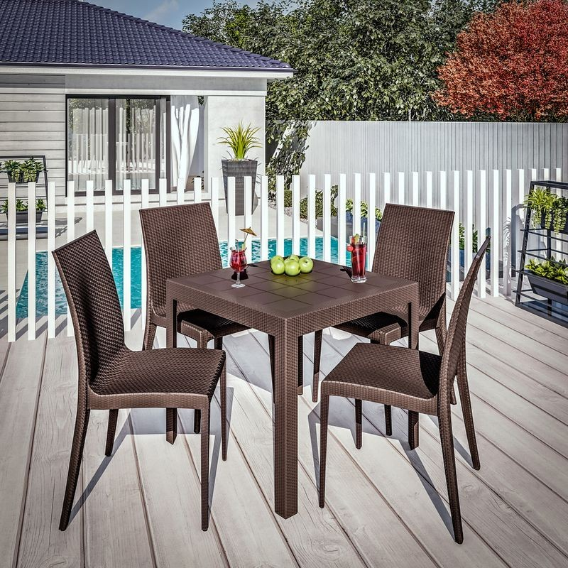 LeisureMod Mace Mid-Century 5-Piece Outdoor Dining Set Brown