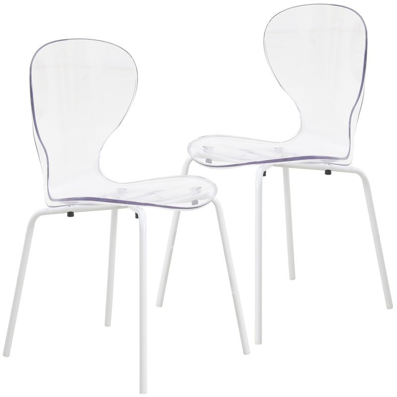 LeisureMod Modern Oyster Transparent Side Chair in White Base Set of 2 Clear
