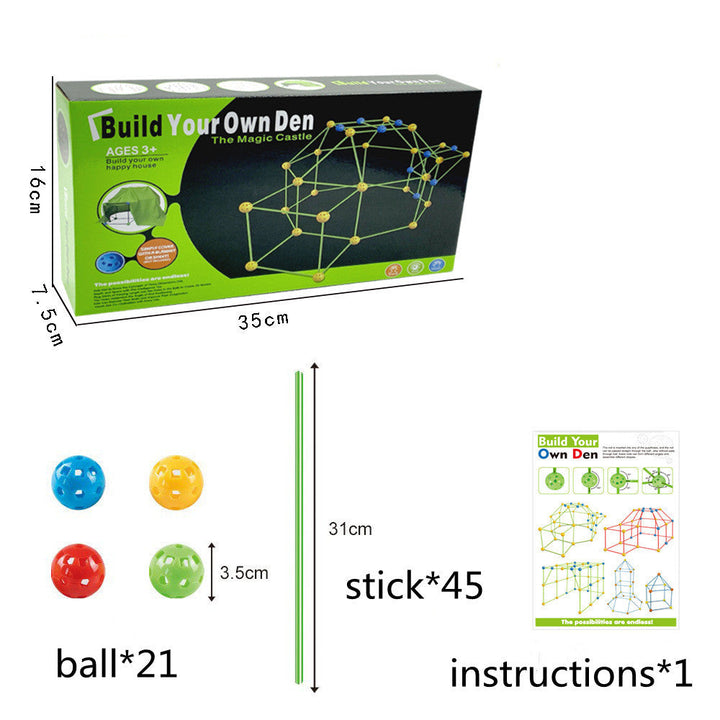 Box for 'Build Your Own Den' toy set with dimensions and components listed.