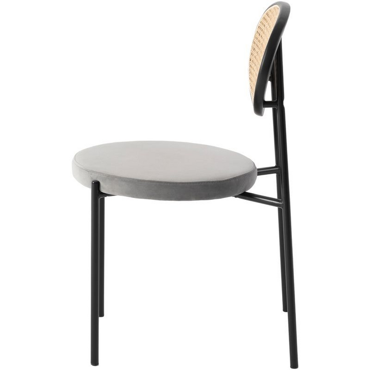 LeisureMod Euston Modern Wicker Dining Chair with Velvet Round Seat Grey Side View.