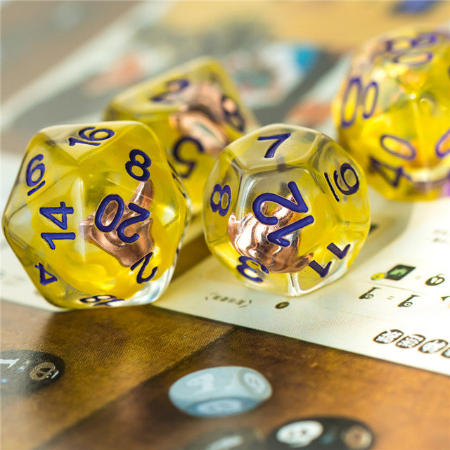 Sorcerer (Fire) Clear Yellow Dice Purple w/ Golden Fire 7-Dice Set Rpg