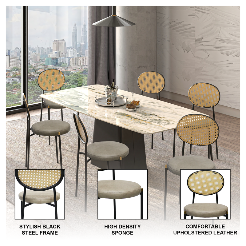 Dining table set with chairs in a modern room with city view.