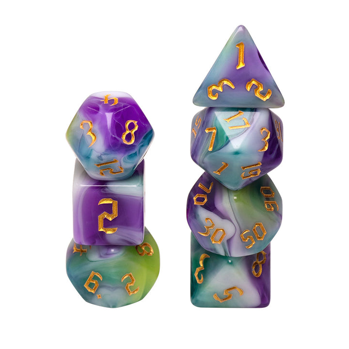 Siberian Iris 7-Dice Set Purple/White/Green w/Gold Numbers Dnd Dice Set