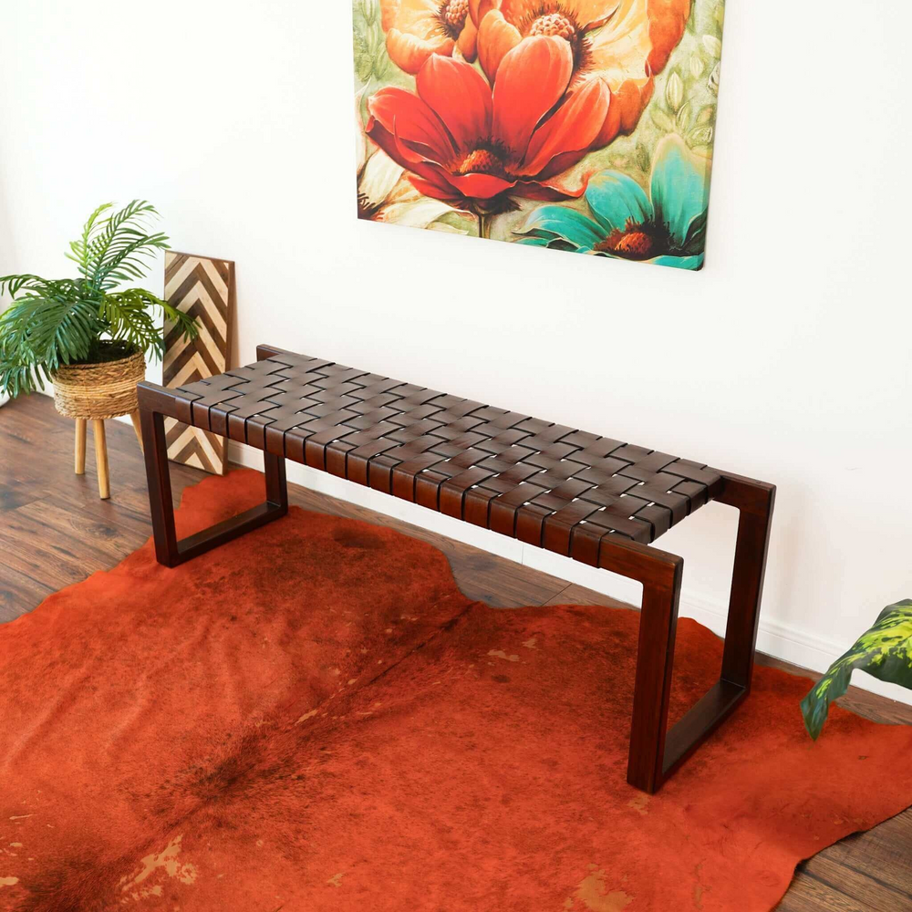 Christina Tan Leather Bench in Room.